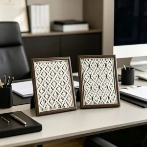 Bohemian handmade macrame woven tapestry photo frame, Nordic style desktop wooden decor.