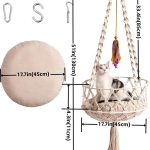 Handmade macrame cat hammock hanging bed boho pet nest with cushion and hooks for indoor cats