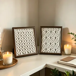 Bohemian handmade macrame woven photo frame detail, Nordic style wooden desktop decor piece.