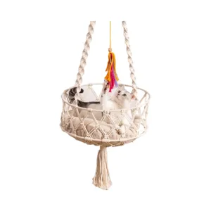 Handmade macrame cat hammock bohemian hanging pet bed with soft cushion and toy for indoor cats