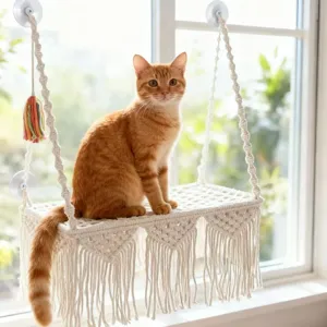 Bohemian Woven Cat Hammock Cotton Rope Hanging Cat Bed With Strong Glass Suction Cups Pet Resting Window Perch Supplies