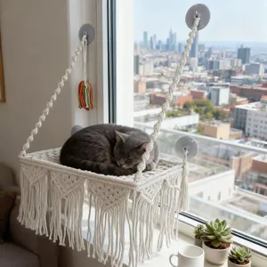 Macrame cat hammock window mounted woven hanging pet bed for indoor cats resting space