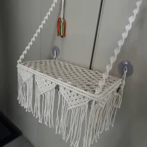 Macrame Cat Hammock Hanging Pet Bed Bohemian Woven Cat Shelf with Strong Suction Cups