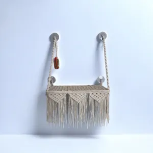 Bohemian macrame cat hammock window bed with strong suction cups, cozy woven pet hanging bed.