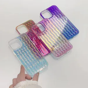 Laser iridescent wavy phone case compatible with iPhone, colorful translucent TPU protective shell.