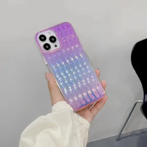 Laser iridescent wavy phone case detail, stunning gradient purple design for iPhone series.