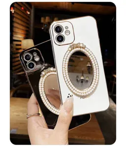 Custodia per cellulare di lusso con specchio per trucco di perle per iPhone 14 13 12 11