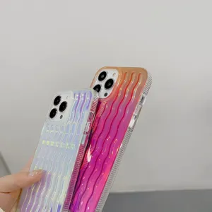 Laser colorful wave phone case details, electroplated gradient protective back cover close up.