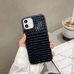 Funda de teléfono de cuero con textura de cocodrilo negra compatible iPhone, protector lujoso.