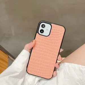 Funda de teléfono de cuero con patrón de cocodrilo rosa para iPhone, cubierta protectora.