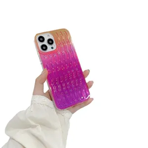 Gradient laser wavy phone case compatible with iPhone, colorful protective cover accessory.