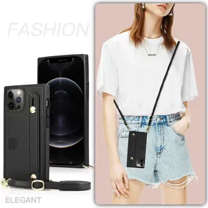 Zwarte lederen crossbody telefoonhoesje met kaartgleuf standaard riem detail weergave