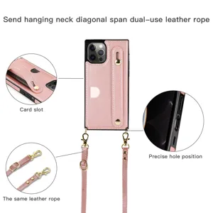 Roze lederen telefoonhoesje met kaartsleuf en crossbodykoord voor iPhone, bescherming.