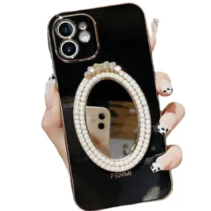 Custodia per Telefono in Silicone Galvanico di Lusso Con Specchio per Trucco Perla Artificiale Strass Protezione Completa per iPhone