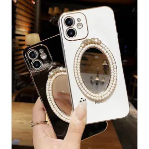 Cover morbida specchio trucco perla lusso per iPhone 16 Pro 13 12 11 XR custodia placcata antiurto