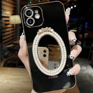 Cover per telefono nera galvanizzata con specchio di perle, custodia morbida di lusso.