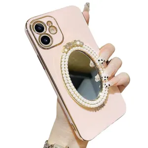 Cover rosa per iPhone con specchio trucco di perle, custodia morbida galvanizzata per smartphone Apple.
