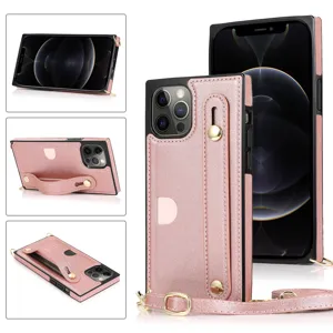 Roségoud lederen telefoonhoesje met draagkoord kaarthouder voor iPhone, beschermhoes.