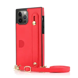 Rode lederen telefoonhoesje met kaartsleuf en koord, gedetailleerd overzicht van kwaliteit.