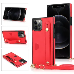 Rode lederen telefoonhoesje met kaartsleuf en crossbody band, gedetailleerd multi-hoek ontwerp.