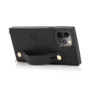 Zwarte lederen telefoonhoesje met band en kaarthouder, premium beschermhoes voor mobiel.