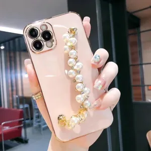 Electroplated Silicone Phone Case With Artificial Pearl Rhinestone Wrist Strap Chain Full Coverage Shockproof Back Cover