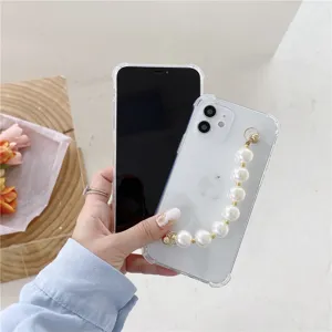 Clear TPU phone case with elegant pearl chain bracelet compatible with iPhone soft cover.