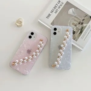 Pearl chain shell texture phone case detail view, elegant acrylic protective cover design.