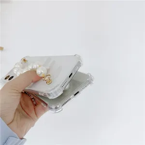Clear pearl wristband phone case soft protective cover compatible with iPhone series