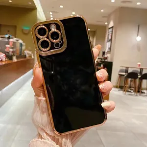 Luxury electroplated black TPU soft phone case compatible with iPhone 14 15 16 Pro Max.