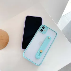Detailed view of silicone phone case with strap stand, smooth texture and lens protection.