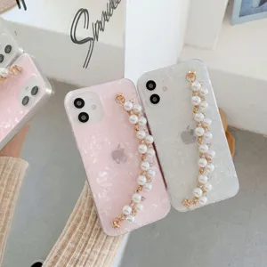 Pearl bracelet acrylic phone case compatible with iPhone, luxury shell texture protective cover.