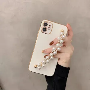 Luxury pearl bracelet phone case with electroplated gold edge, premium soft back cover style.