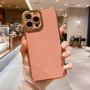 Pink electroplated TPU phone case with luxury gold edges, stylish camera protection cover.