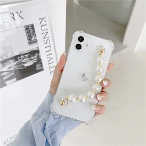 Clear phone case with pearl chain strap for iPhone, detail view showcasing elegant pearl design.