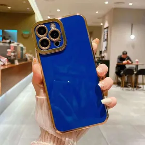 stylish blue electroplated protective case for iphone with golden edge details
