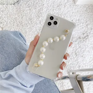 Transparent clear iPhone case with elegant pearl bracelet strap soft protective cover