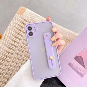 Purple frosted silicone phone case with strap and stand for iPhone, full camera protection.