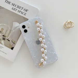 Pearl bracelet shell pattern acrylic phone case compatible with iPhone, elegant design protective cover.