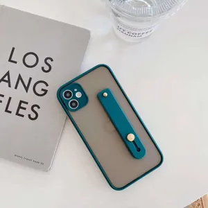 Silicone wristband phone case with full camera protection, translucent matte finish for iPhone.