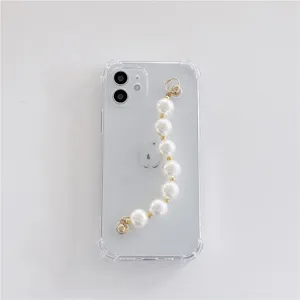 Clear phone case with pearl bracelet detail, sleek design for daily phone protection.