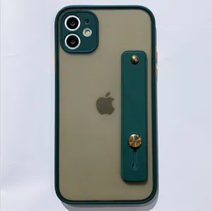 Green translucent frosted phone case with wrist strap stand and full cover for iPhone