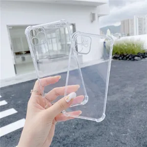 Transparent clear phone protective case with reinforced anti-drop corners held in hand, close-up.