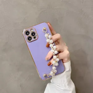 Purple electroplated phone case with elegant pearl chain strap detail for daily use and decoration