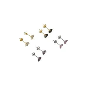 S925 sterling silver geometric triangle zircon stud earrings set, multi-color fashion jewelry.