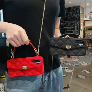 Funda de Teléfono Cruzada con Cadena Estilo Euro-Americano para iPhone Patrón de Diamantes Cubierta Trasera de Silicona Con Correa de Cadena de Metal Estilo Bolso Mujer