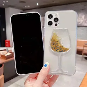 Transparente Glitzer Flüssigkeit Handyhülle mit Weinglas Design, weicher flexibler TPU Rand.
