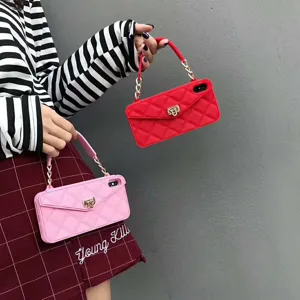 Fundación de teléfono bolso acolchado con cadena diseño de lujo carcasa para iPhone modelos