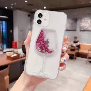 Transparente Glitzer Handyhülle mit Weinglas Design, weiche TPU Schutzhülle für Handy.