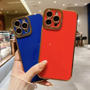Glossy electroplated phone case with luxury gold edges and camera protection for iPhone models.